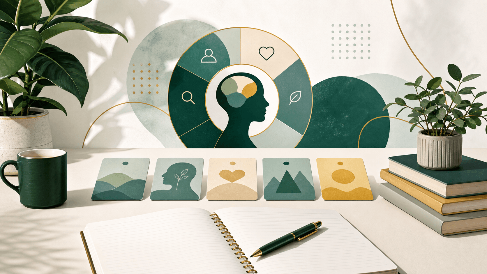 A calm desk scene with abstract personality cards and a notebook.