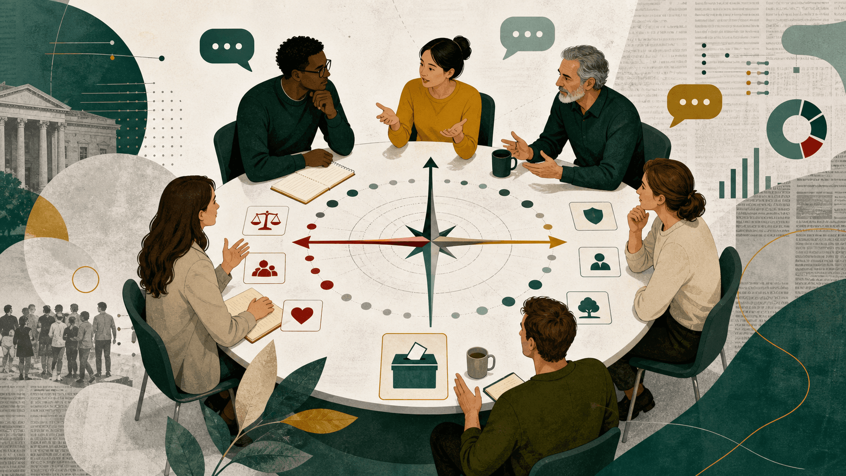 People discussing civic values around an abstract compass table.