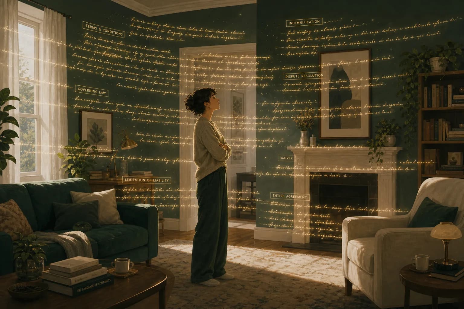 A person discovering faint glowing lines of a contract floating in the air of their home, editorial illustration.