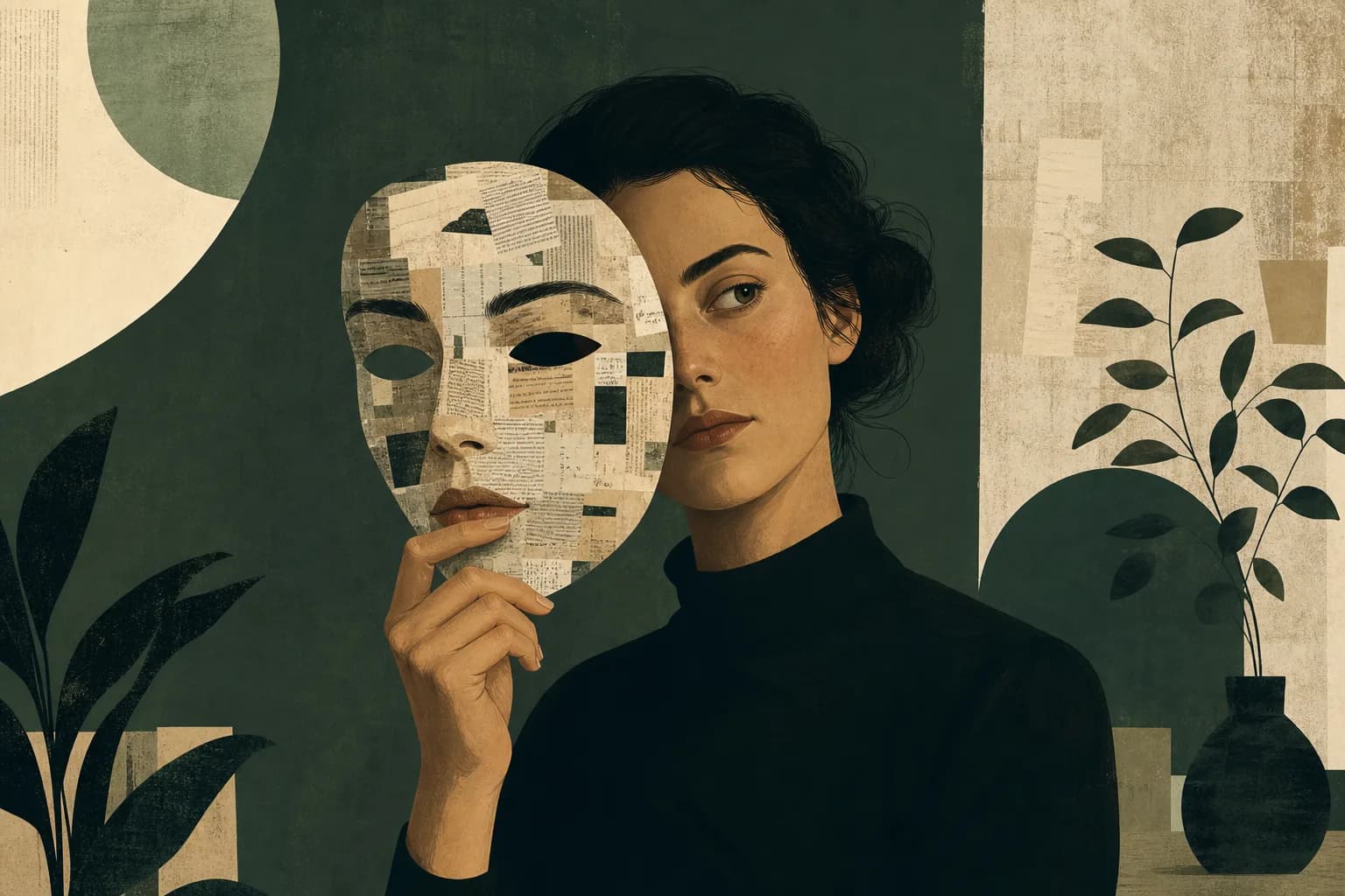 A person holding a mask of their own face made of newspaper clippings, thoughtful editorial illustration.