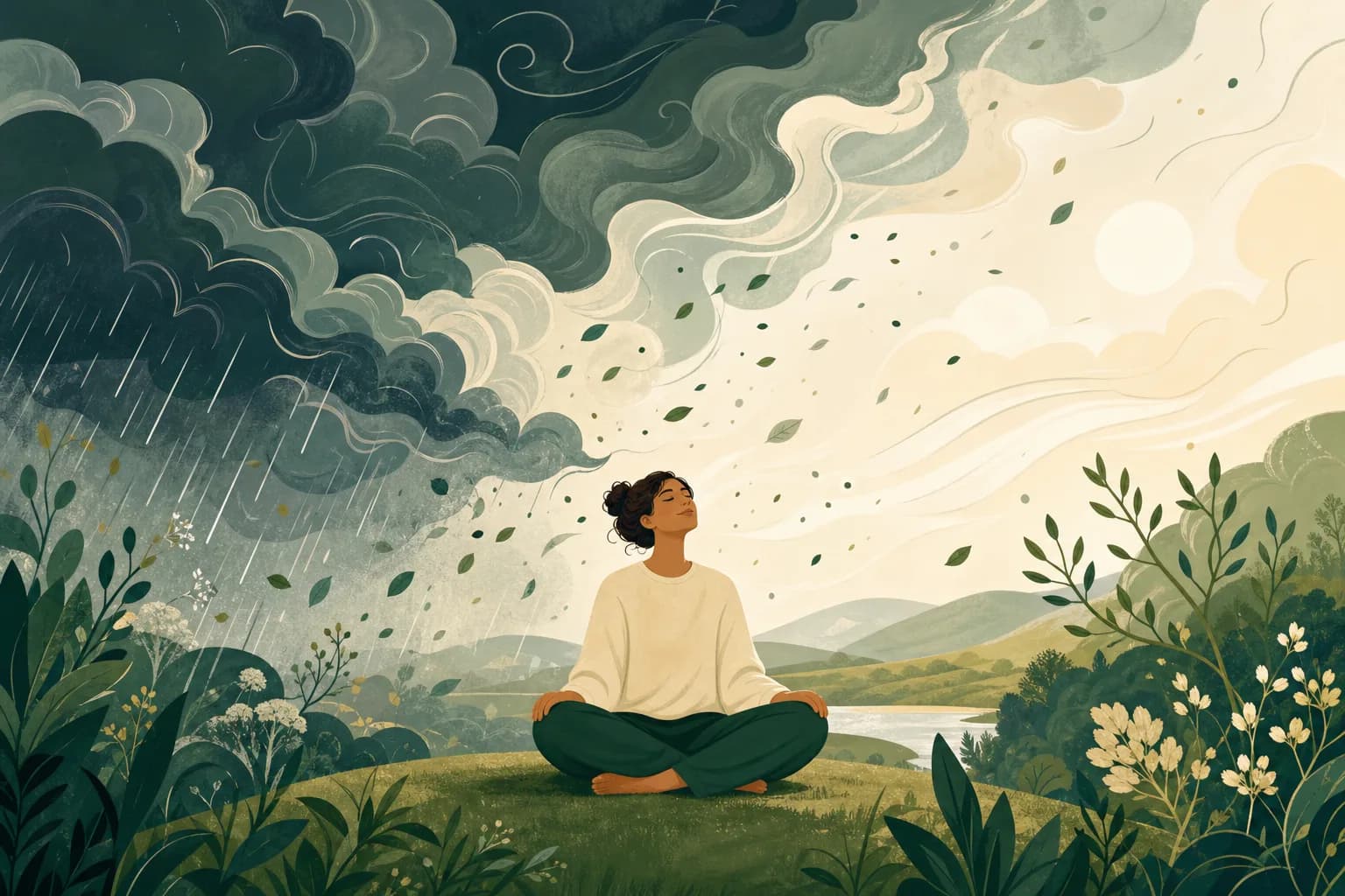 A person sitting calmly inside a storm that is settling around them, reassuring editorial illustration.
