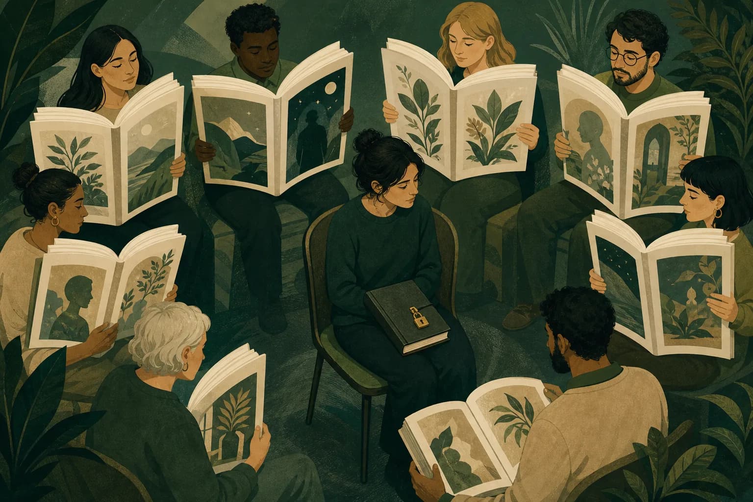 A person reading others as open books while their own book is locked, contemplative editorial illustration.
