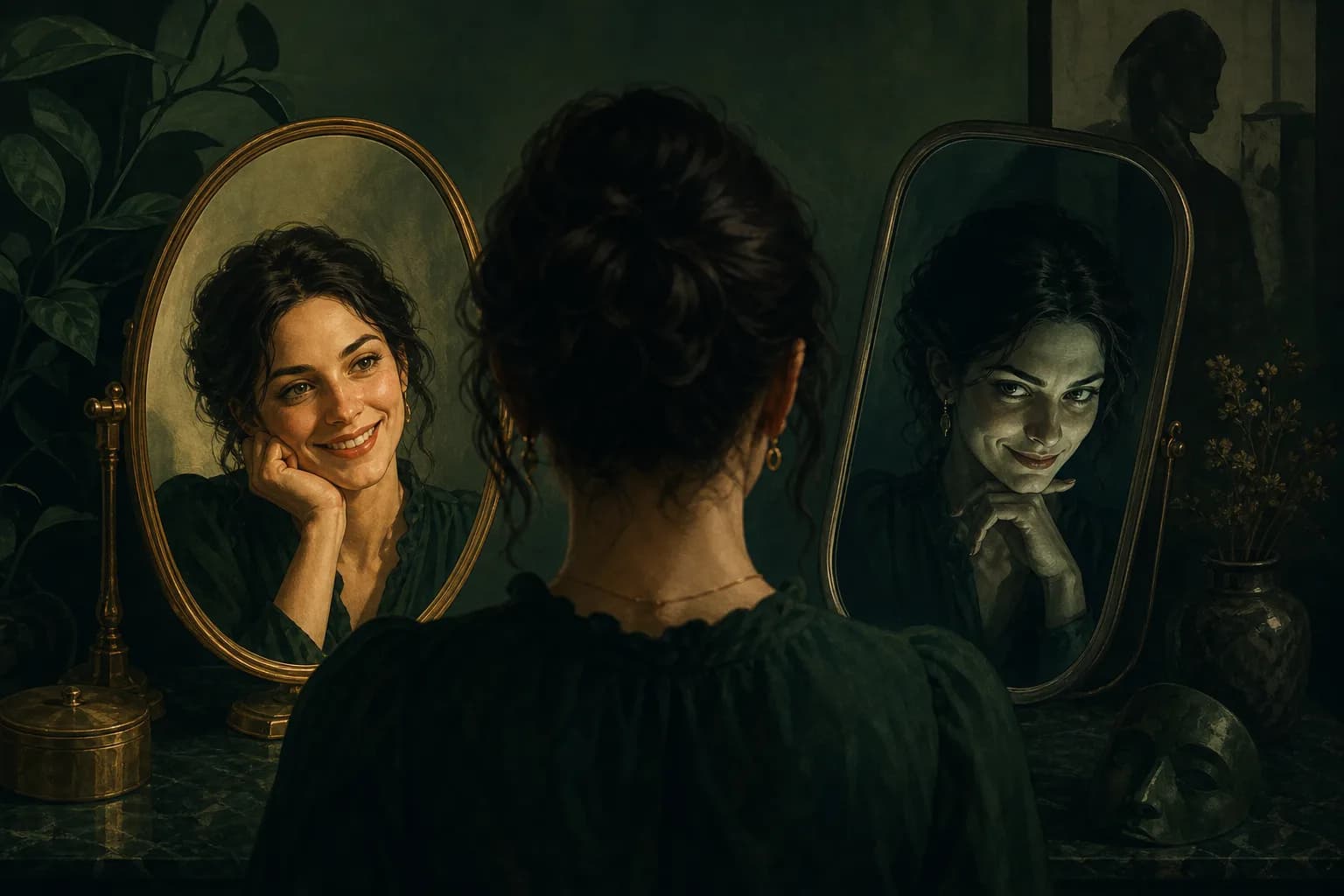 A charming smile reflected in two mirrors, one warm and one calculating, editorial illustration in green and shadow.