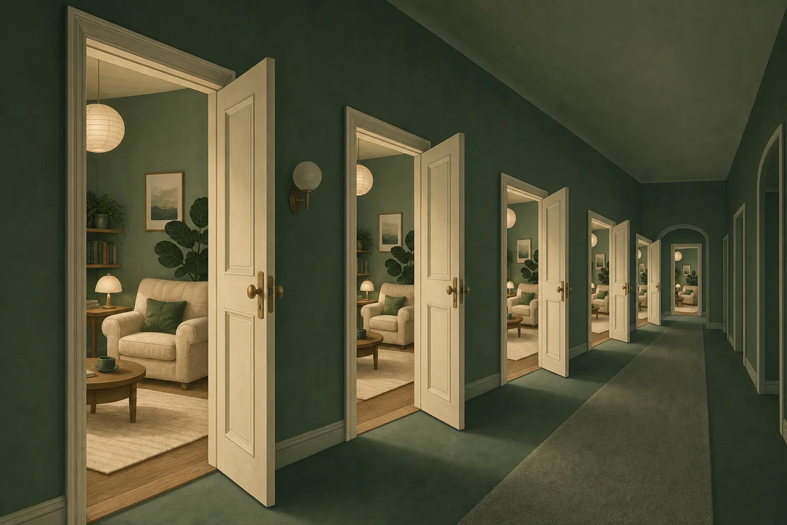 A hallway of doors that all open into the same room, dreamlike editorial illustration in soft green tones.