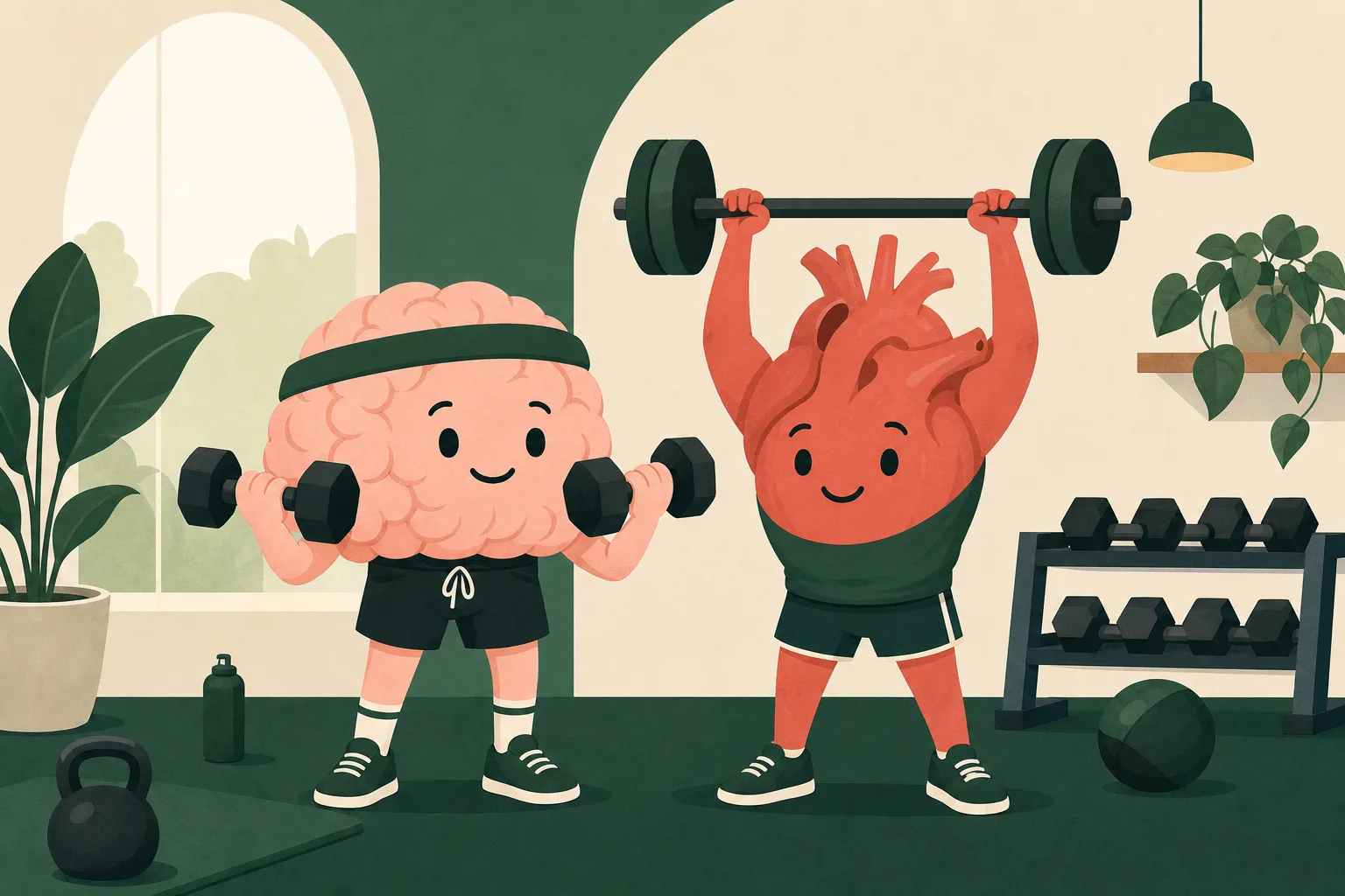 A brain and a heart lifting weights together in a gym, playful editorial illustration in green palette.