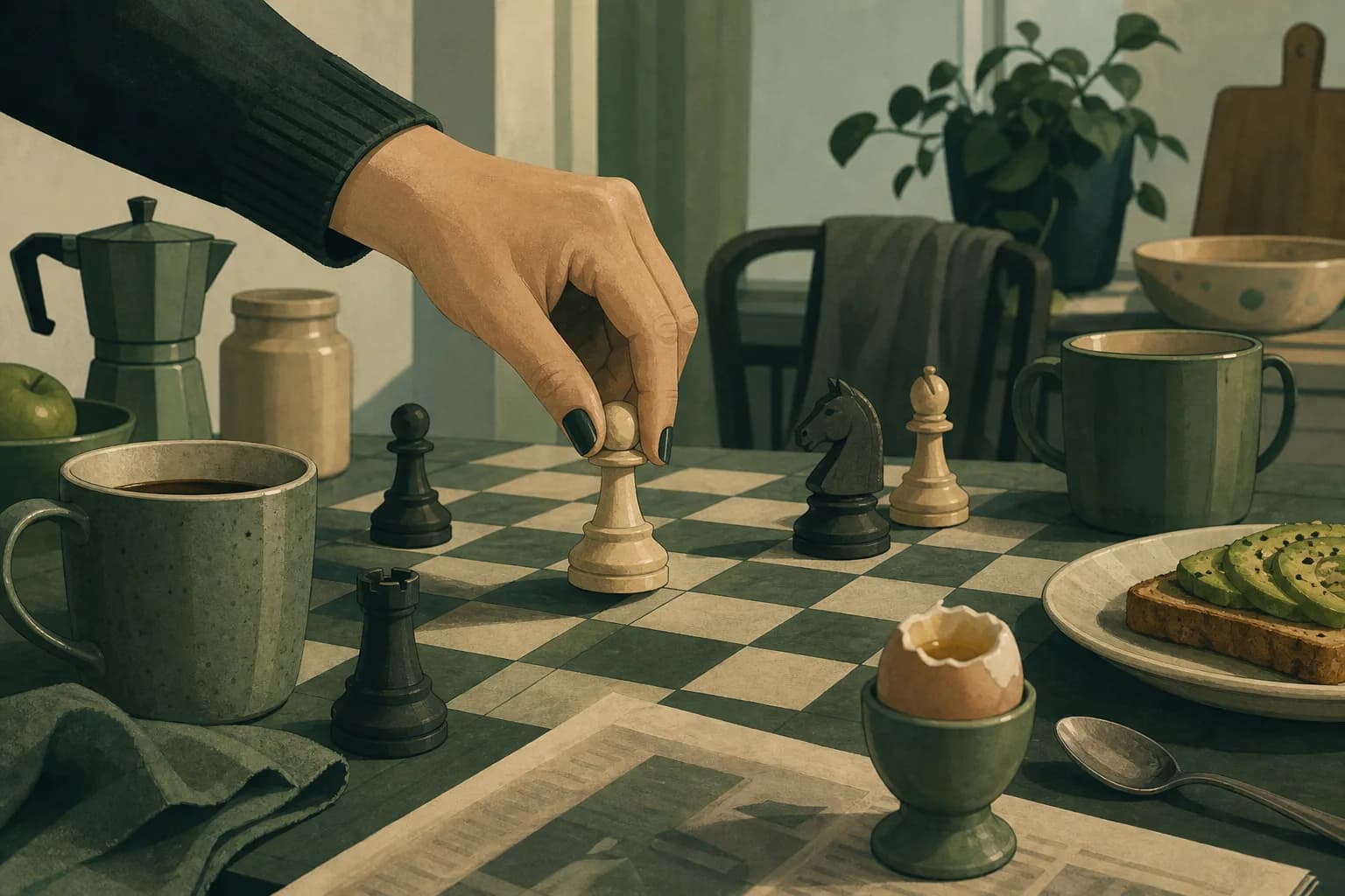 A hand moving an everyday chess piece at a kitchen table, subtle editorial illustration in muted greens.