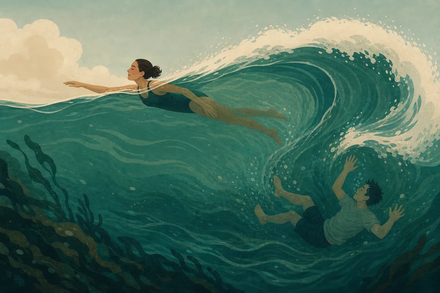 One person swimming through a wave while another is pulled under by the same wave, editorial illustration.