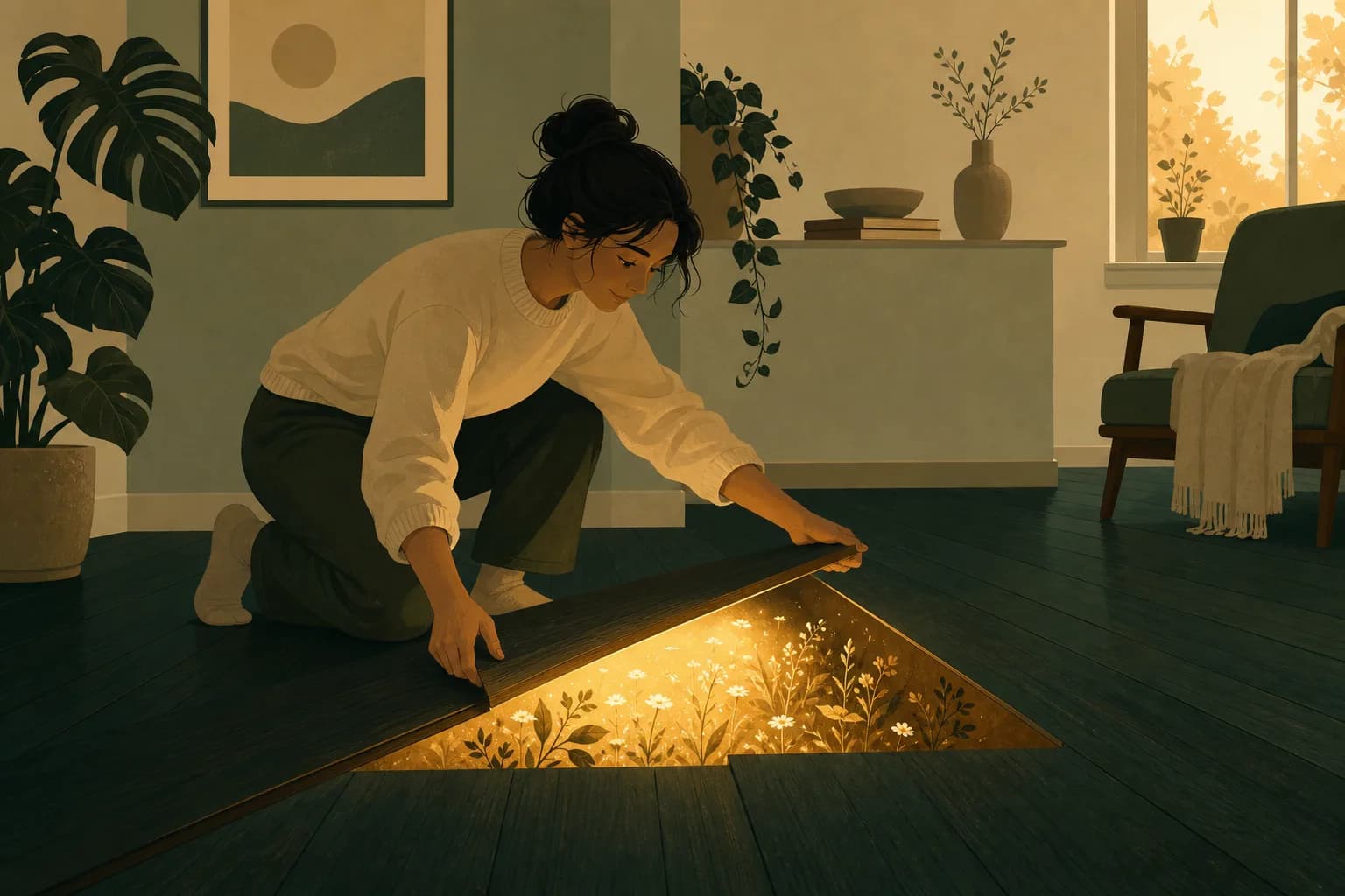 A person gently lifting a floorboard to reveal a warm light underneath, symbolic editorial illustration.