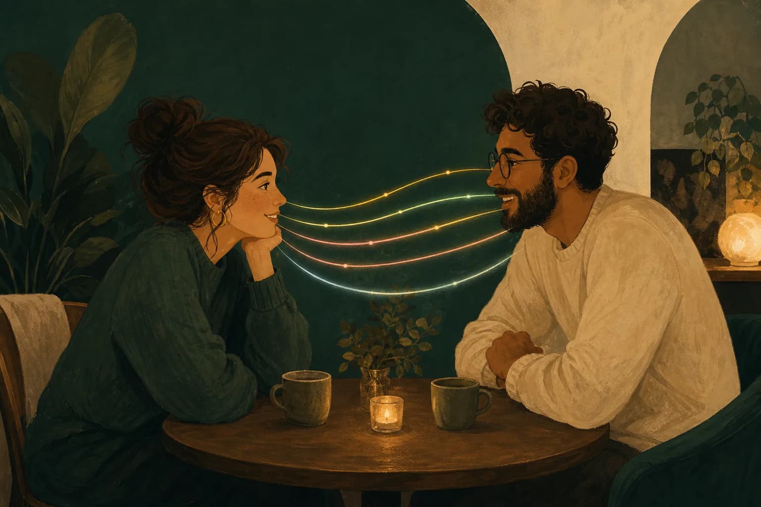 Two people in conversation with five subtle glowing threads connecting them, warm editorial illustration.