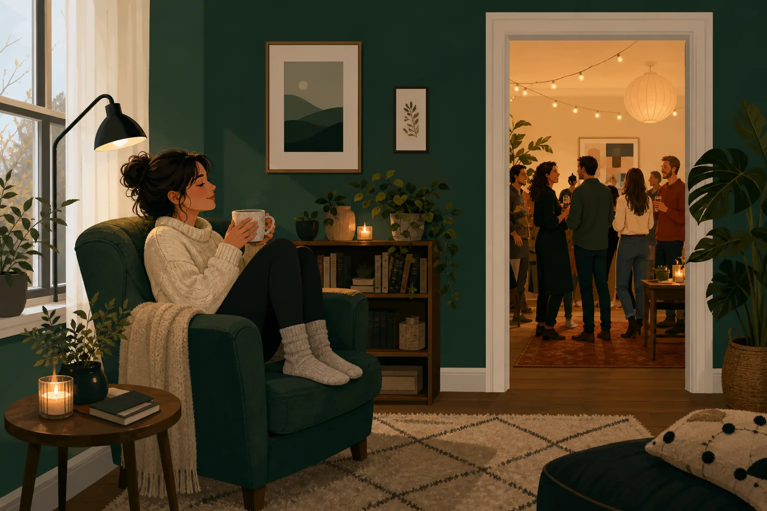 A person recharging alone by a window while a lively party continues in another room, cozy editorial illustration.