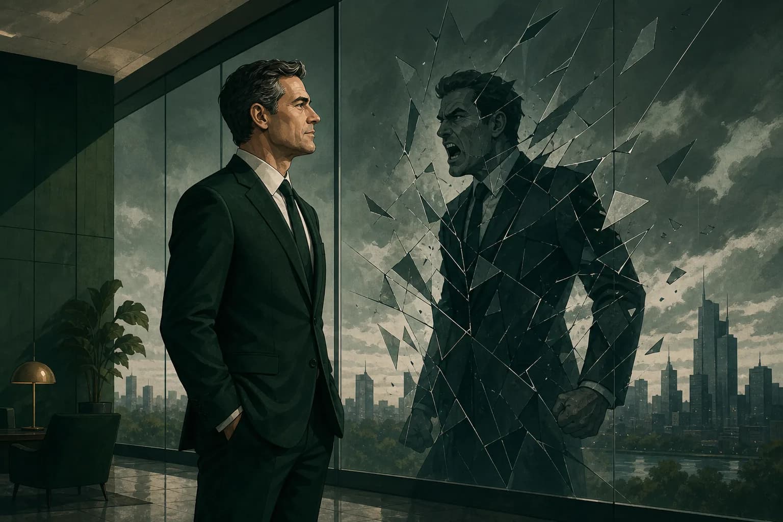 A leader's calm reflection in glass shattering into a different silhouette, dramatic editorial illustration.