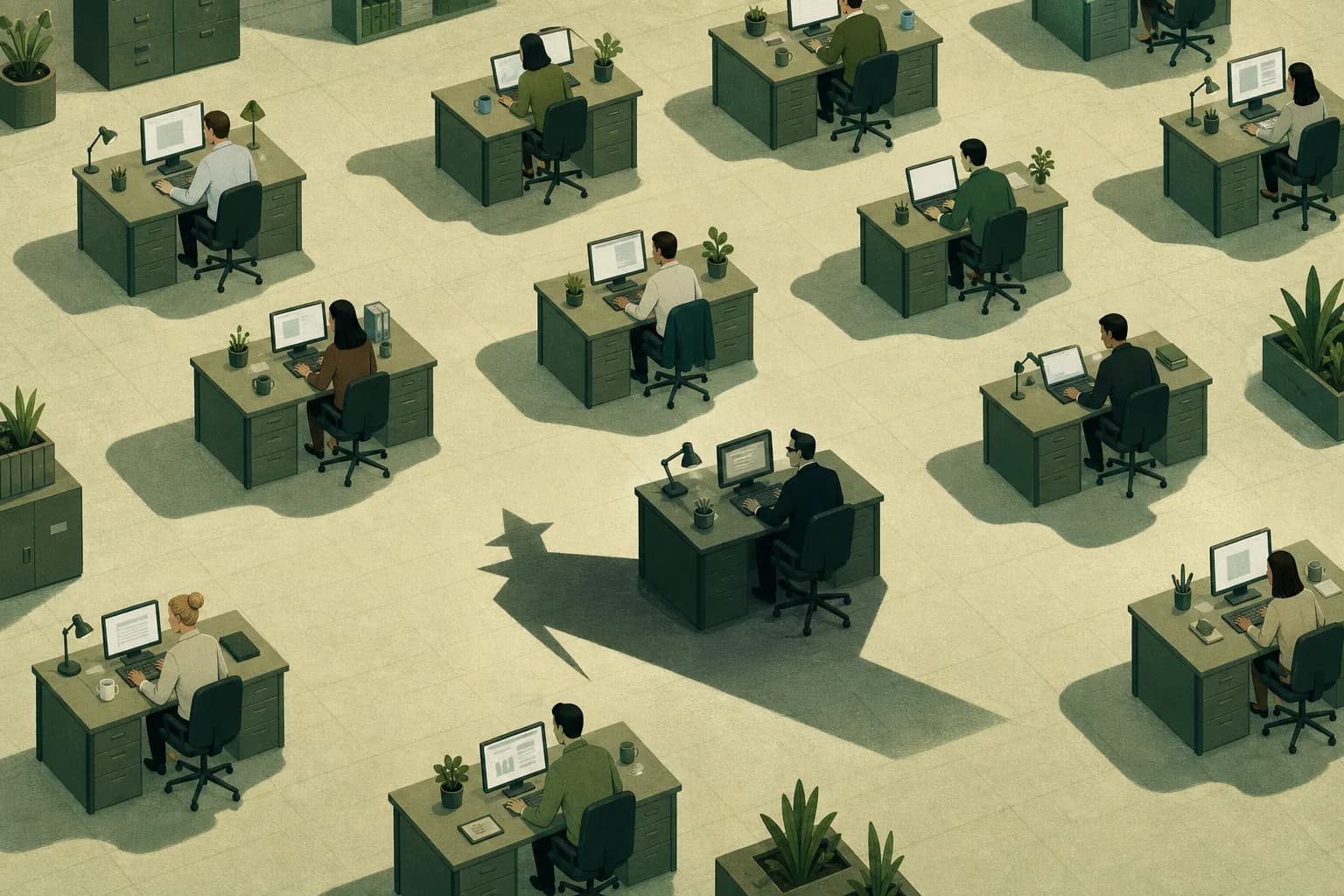 An office where each desk casts a slightly different shaped shadow, wry editorial illustration in muted green.