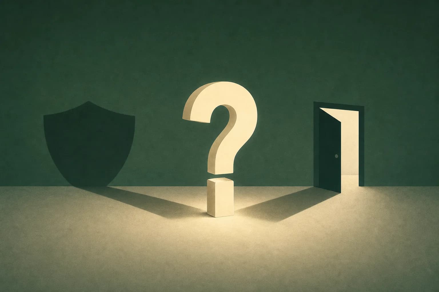 A single glowing question mark casting two different shadows, minimal editorial illustration in green tones.
