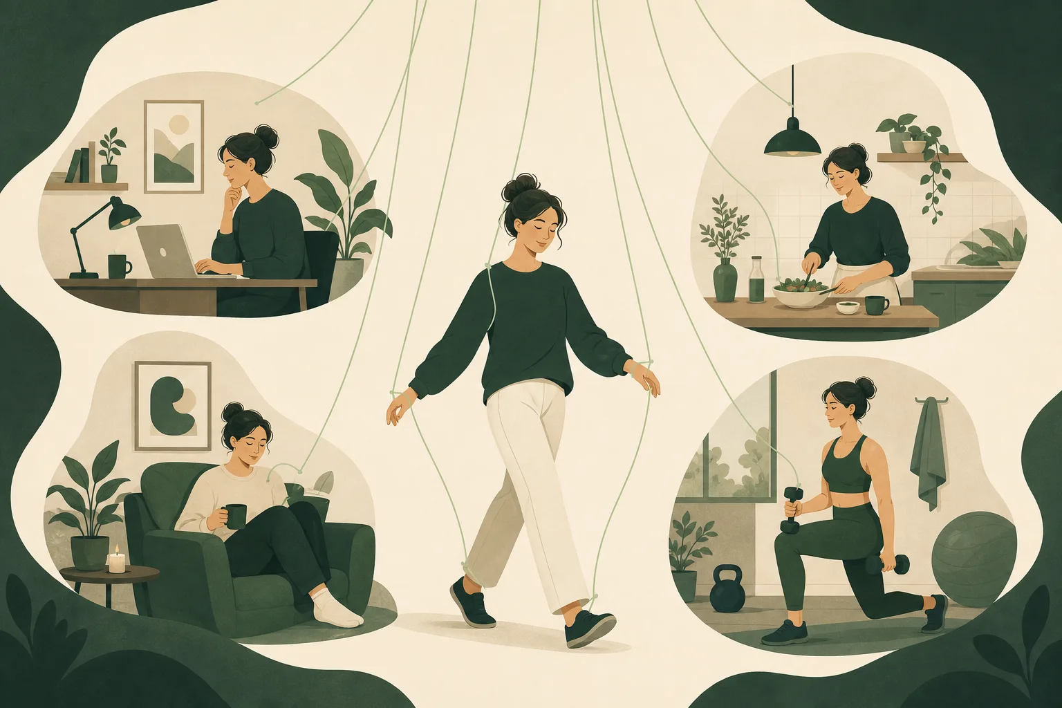 Invisible strings gently guiding a person through daily life scenes, calm editorial illustration in greens.