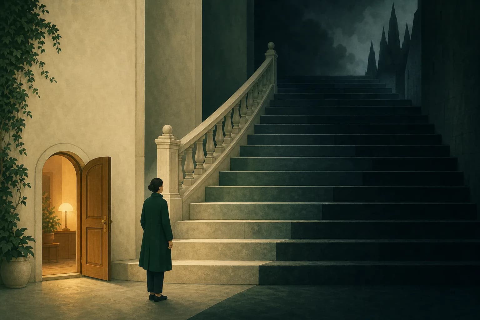 A staircase where each higher step grows darker while a side door glows, conceptual editorial illustration.