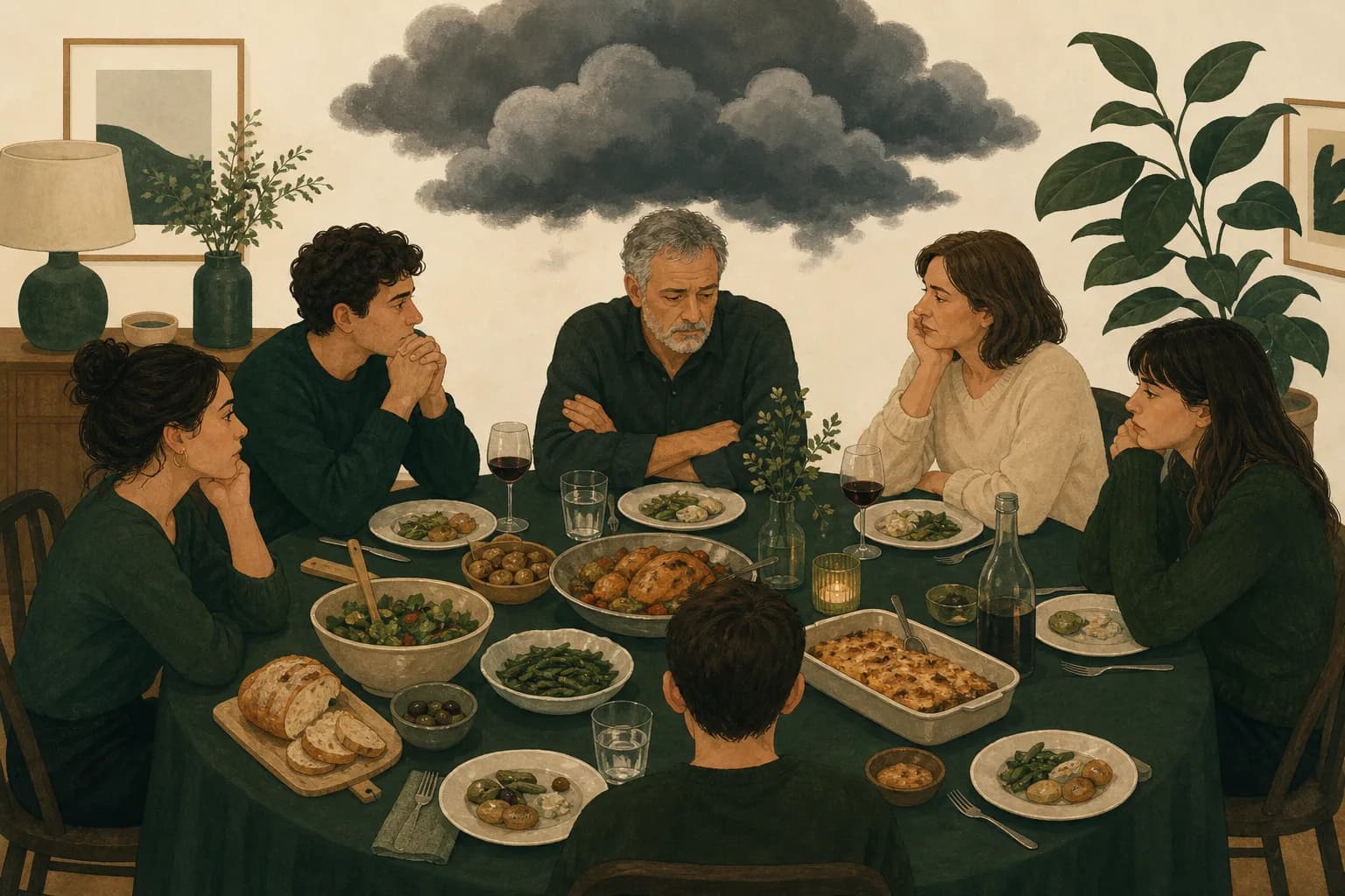 A family dinner table with subtle storm clouds above it, warm editorial illustration with green tones.