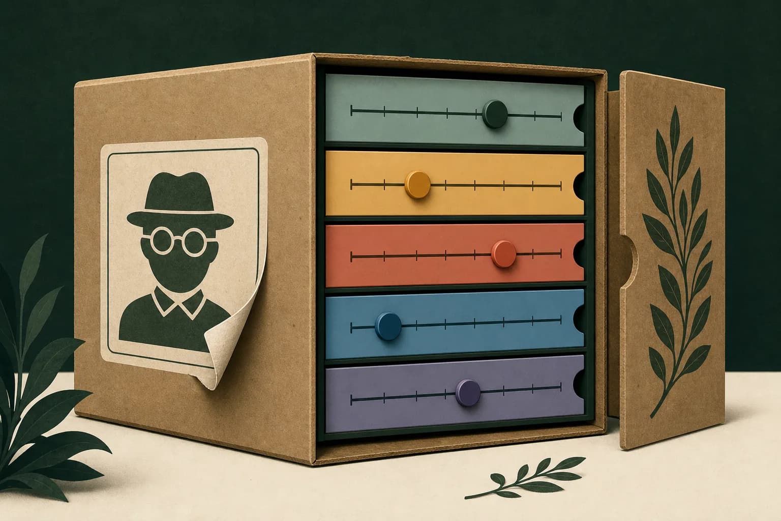 A rigid labeled box opening to reveal five colorful sliding scales, clean editorial illustration in green palette.