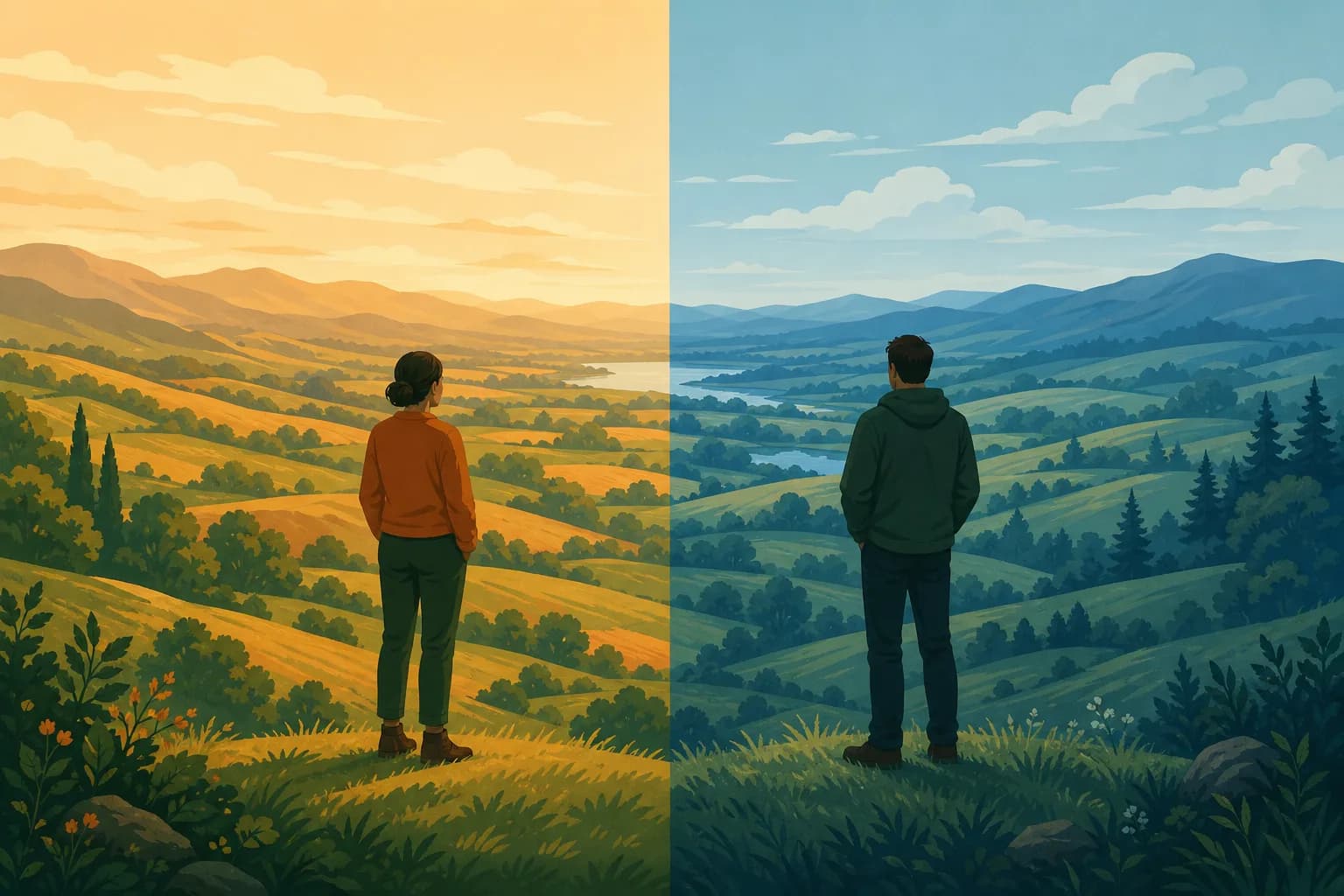 Two people looking at the same landscape but seeing different colors, split-view editorial illustration.