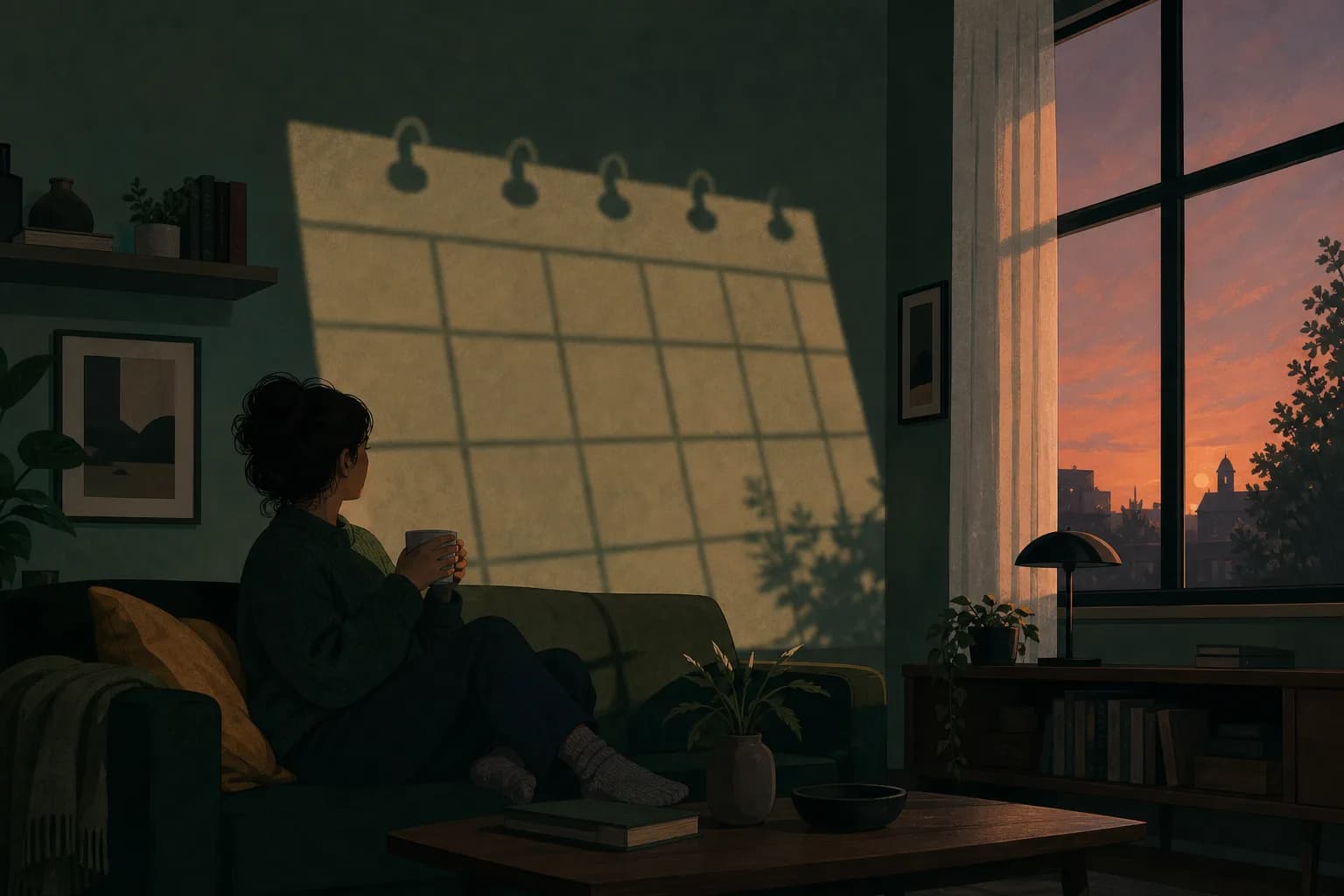 A person on a couch at dusk with a soft shadow of Monday looming outside the window, moody editorial illustration.