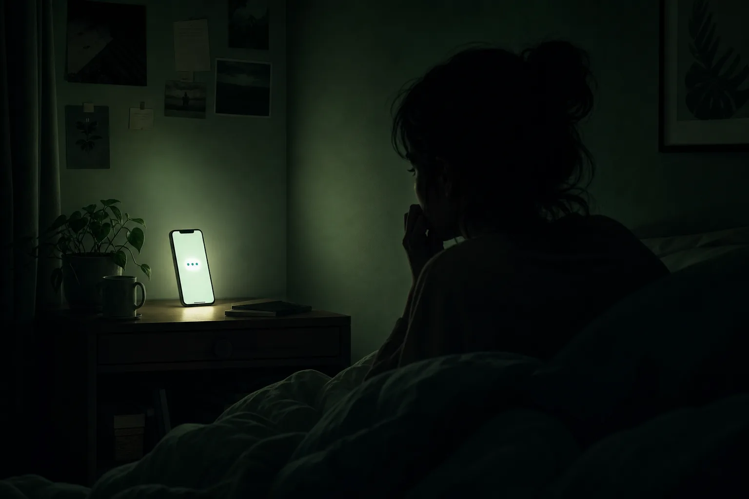 A phone screen glowing in the dark with typing dots, intimate editorial illustration with green accents.