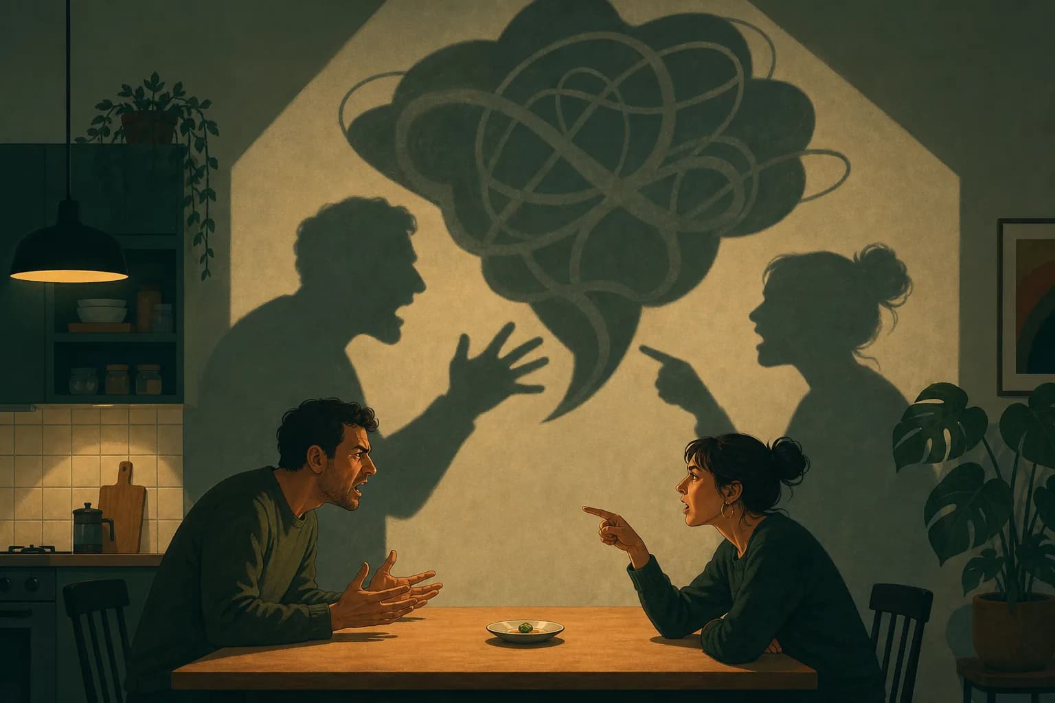 A couple arguing over a tiny dish while their long shadows argue about something much larger, editorial illustration.