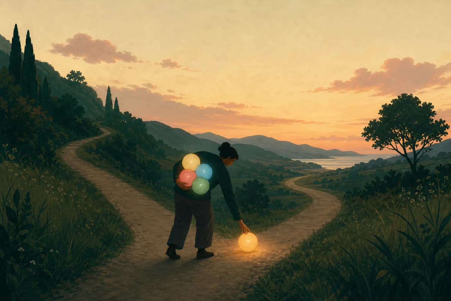 A person at a fork carrying several glowing orbs, deciding which one to set down, symbolic editorial illustration.