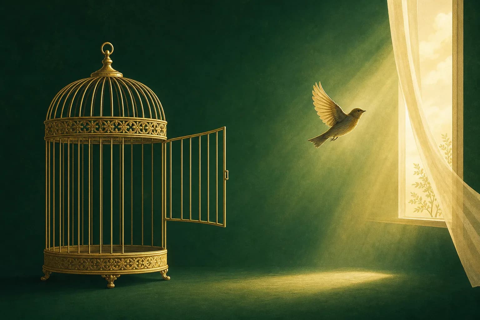An open golden birdcage with a bird flying toward a window, minimal editorial illustration in green and gold.