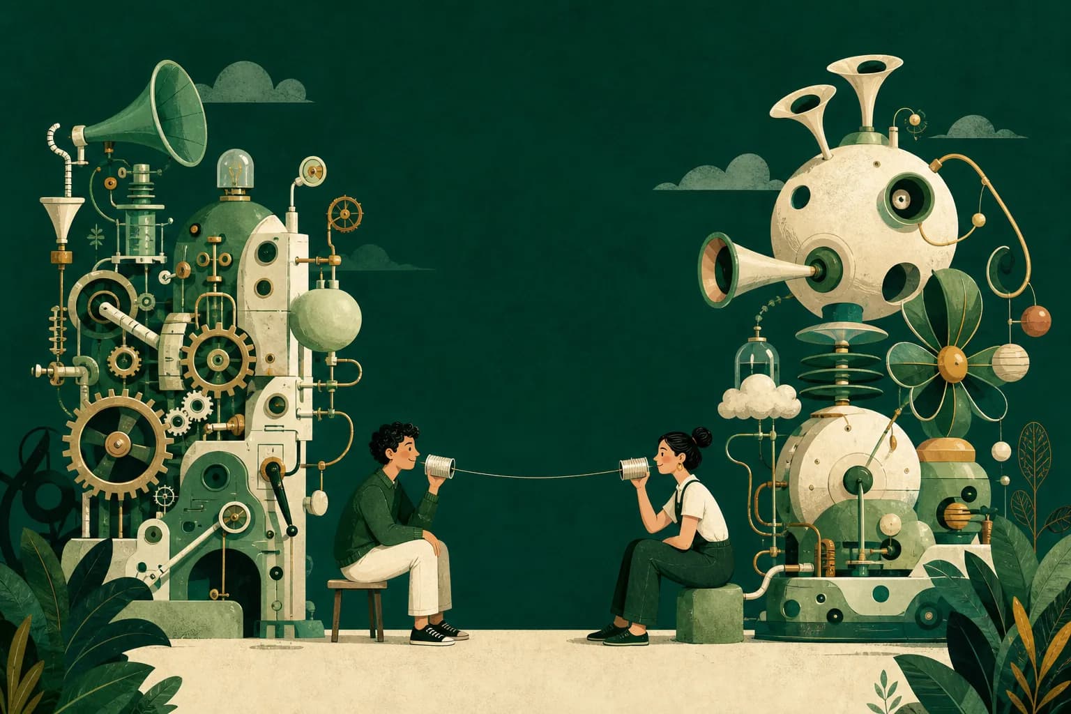 Two people speaking through tin-can telephones wired to differently shaped machines, editorial illustration.