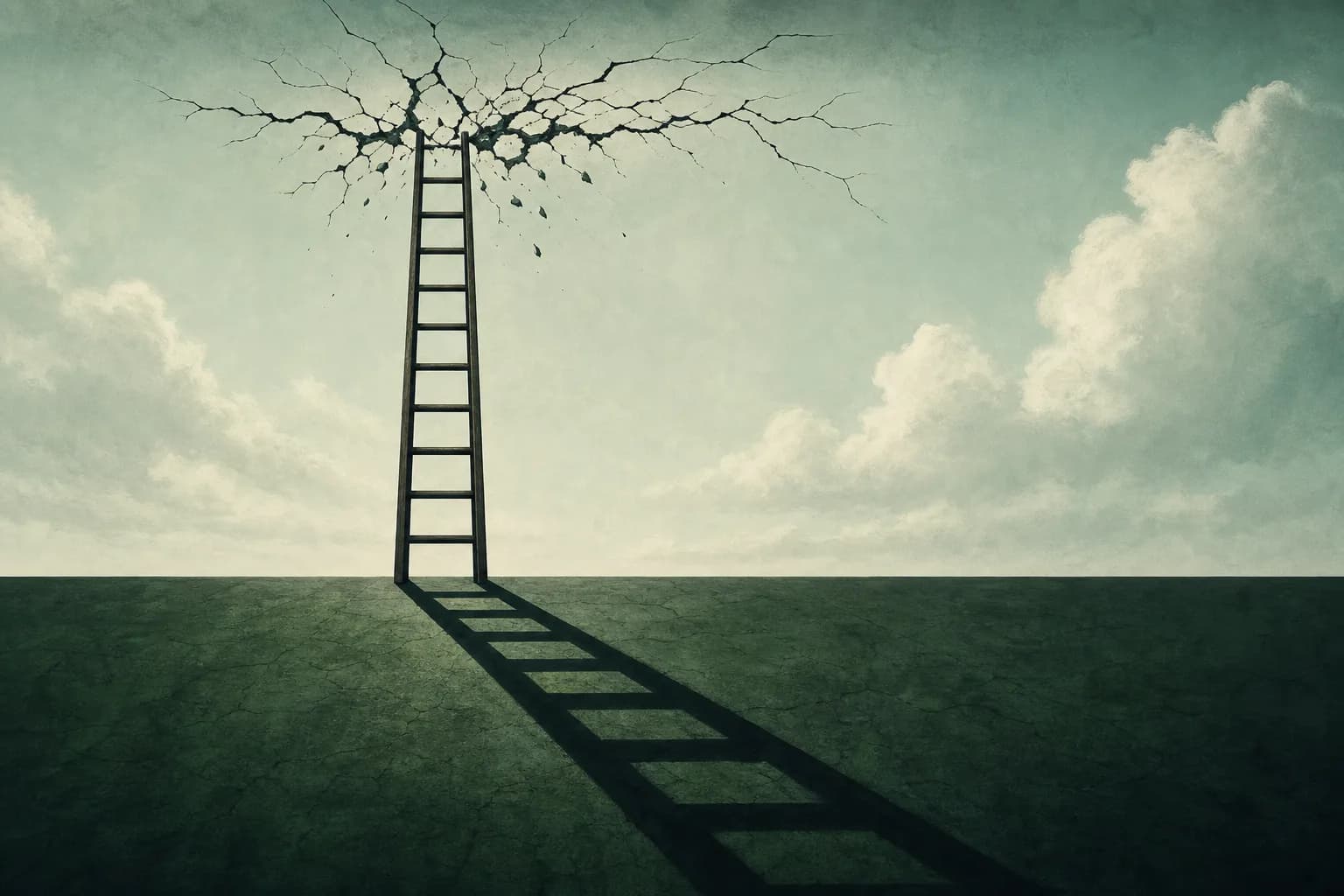 A ladder casting a long sharp shadow that fractures at the top, dramatic editorial illustration.