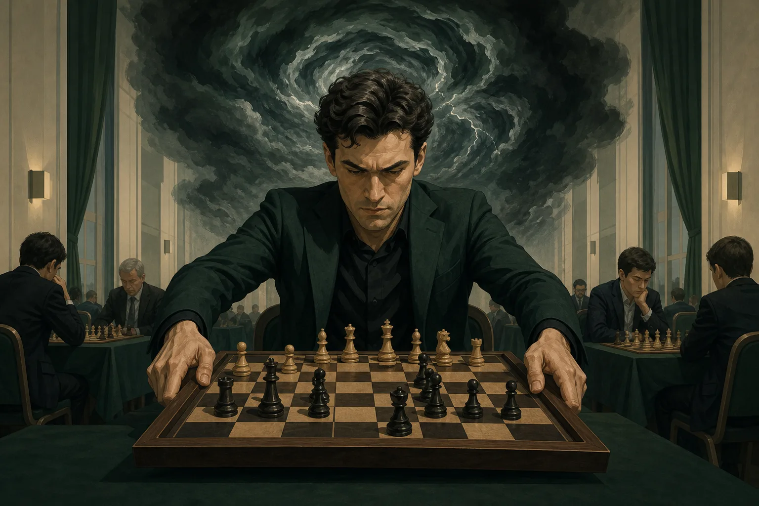 A chess grandmaster about to flip the board, storm colors in an otherwise calm editorial illustration.