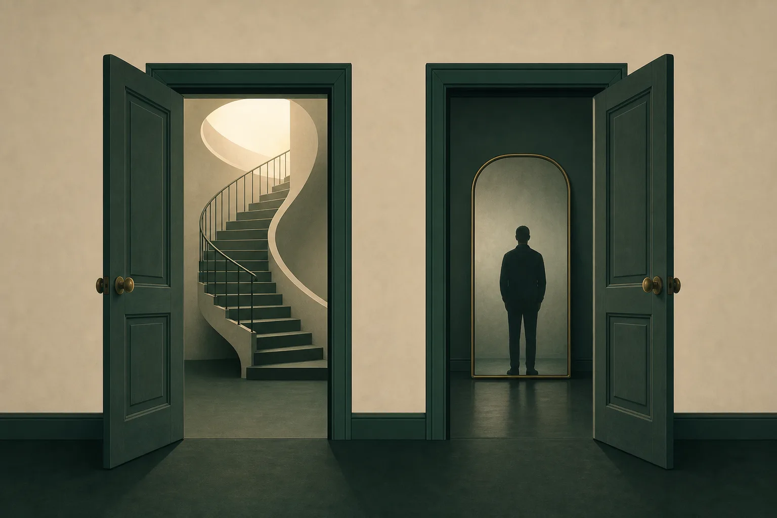Two doors side by side, one opening onto a spiral staircase and one onto a mirror, editorial illustration.
