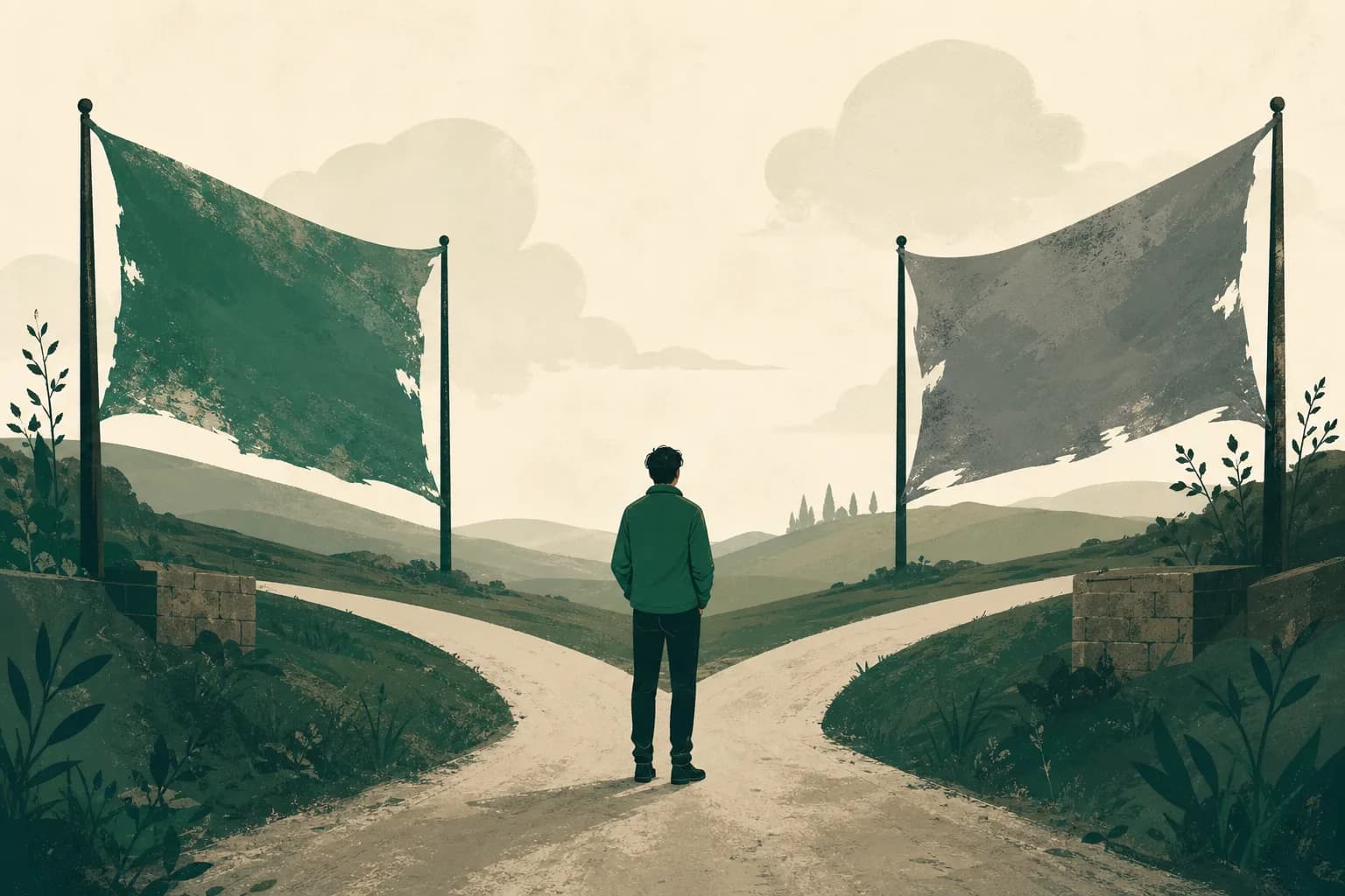 A person standing at a crossroads between faded political banners, calm editorial illustration in deep greens.
