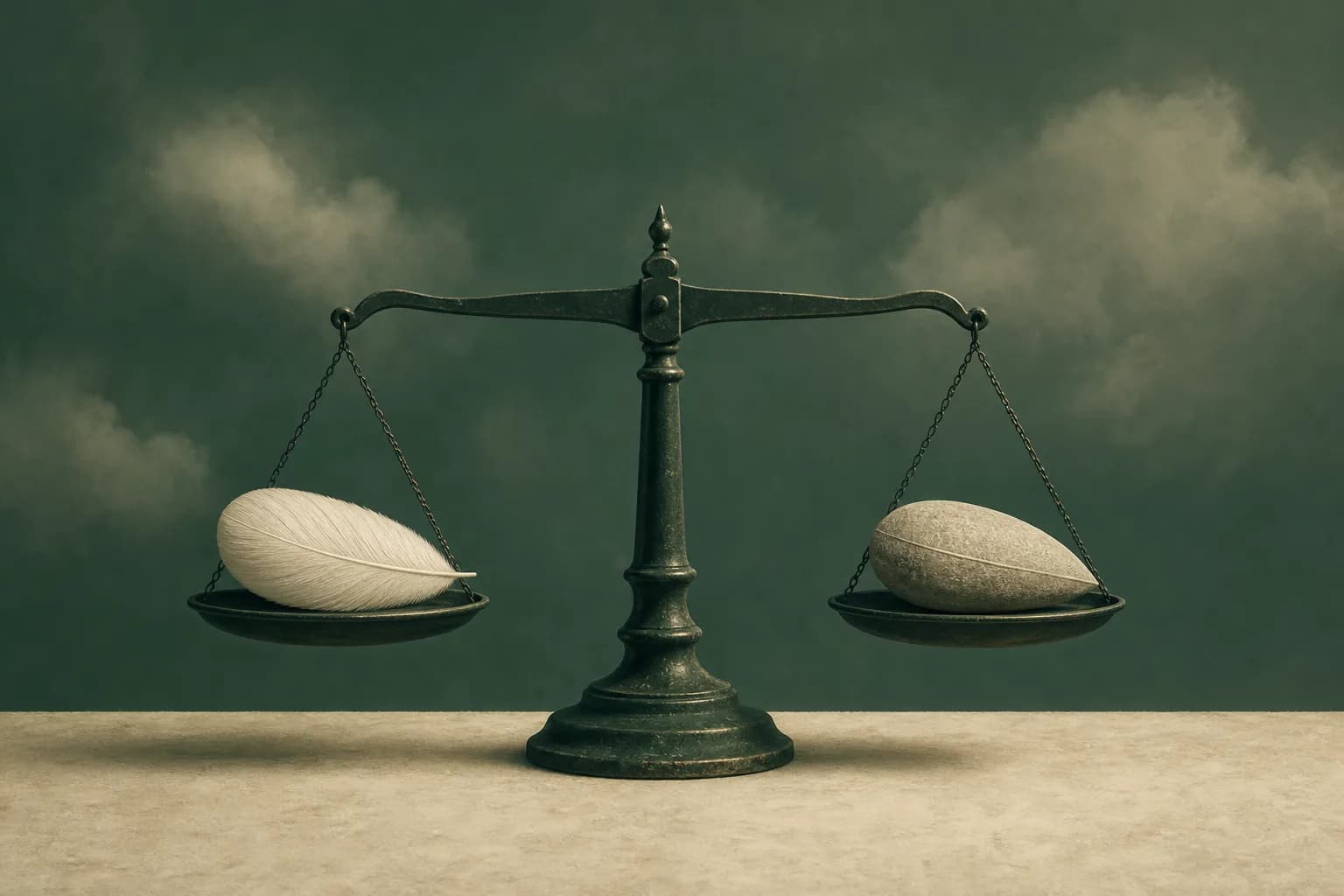 A set of scales weighing a feather and a stone that look identical, surreal editorial illustration.