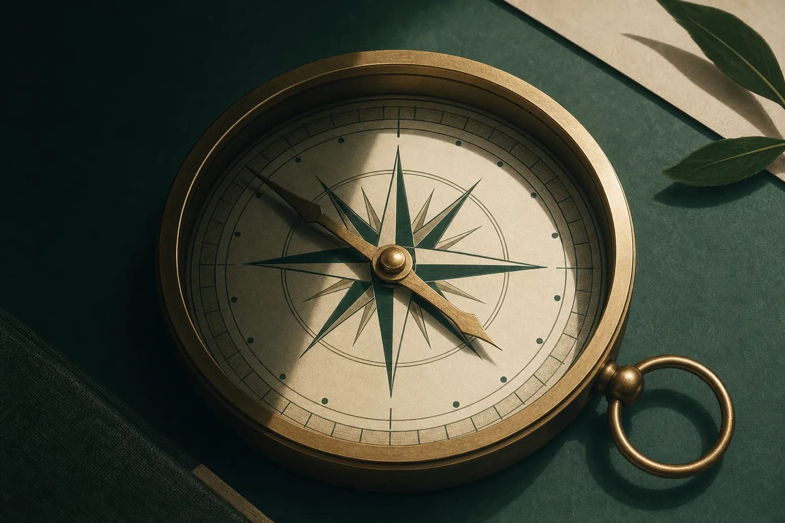 A compass with one section in soft shadow, macro editorial illustration in deep green and cream.