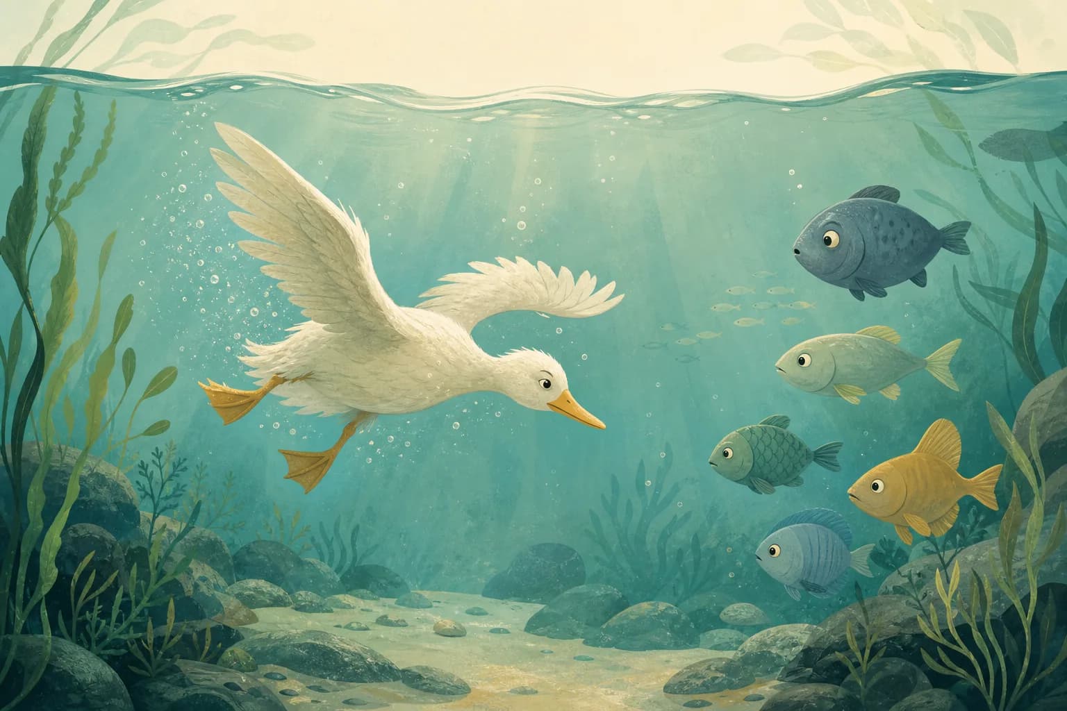 A bird trying to swim while fish watch, gentle metaphorical editorial illustration in soft greens.
