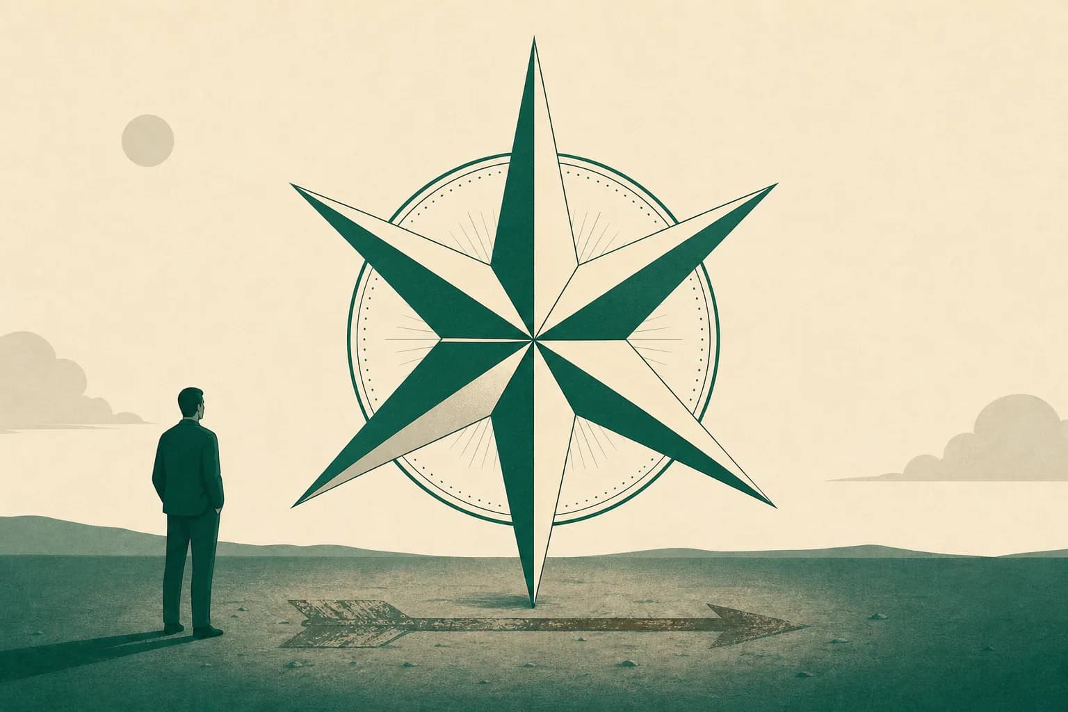 A six-pointed compass rose replacing a simple left-right arrow, minimal editorial illustration in deep green.